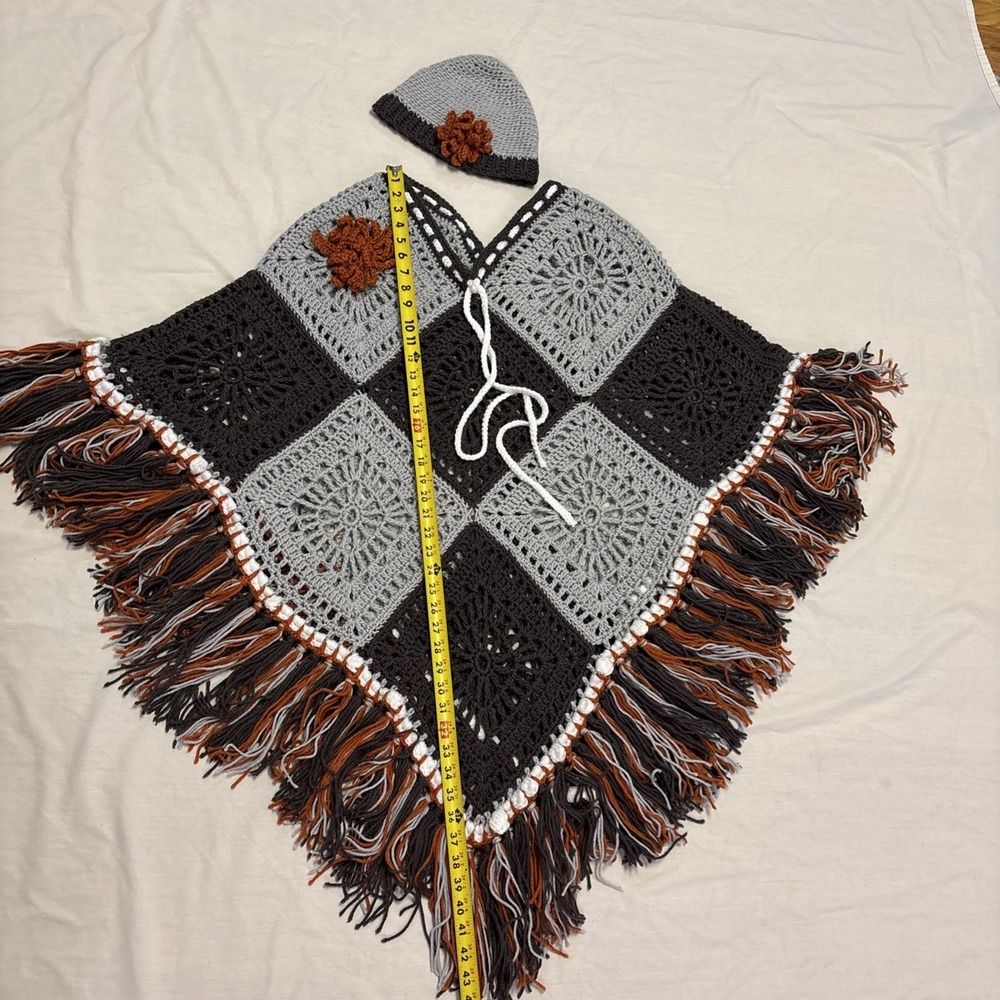 Handmade Boho Poncho Shawl  & Hat Fringe Gray Orange One Size Fits Most‎ Fall - Picture 7 of 12
